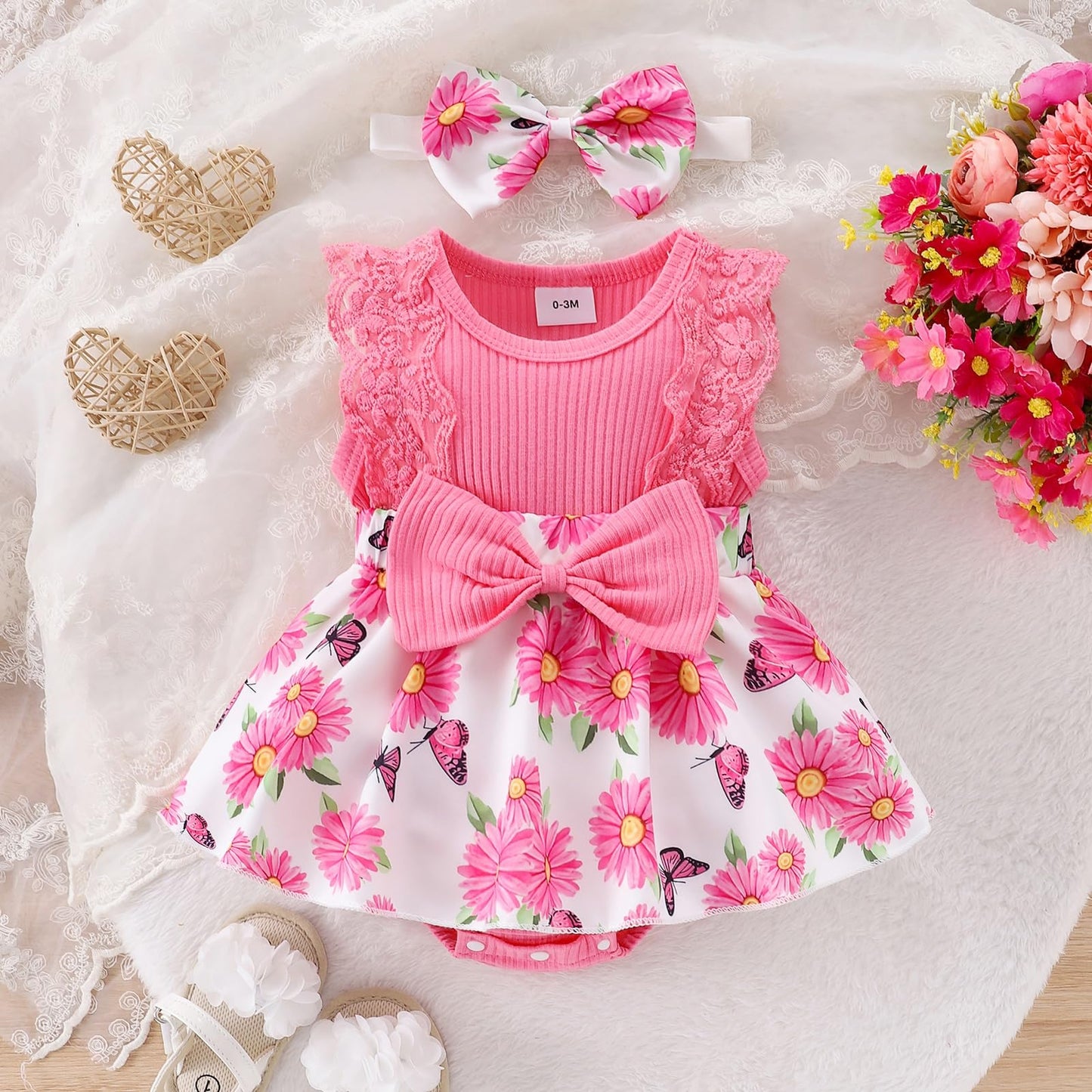 Baby Girl Clothes Newborn Romper Dress Infant Lace Ruffle Sleeveless Summer Outfits with Headband 0-12 Months