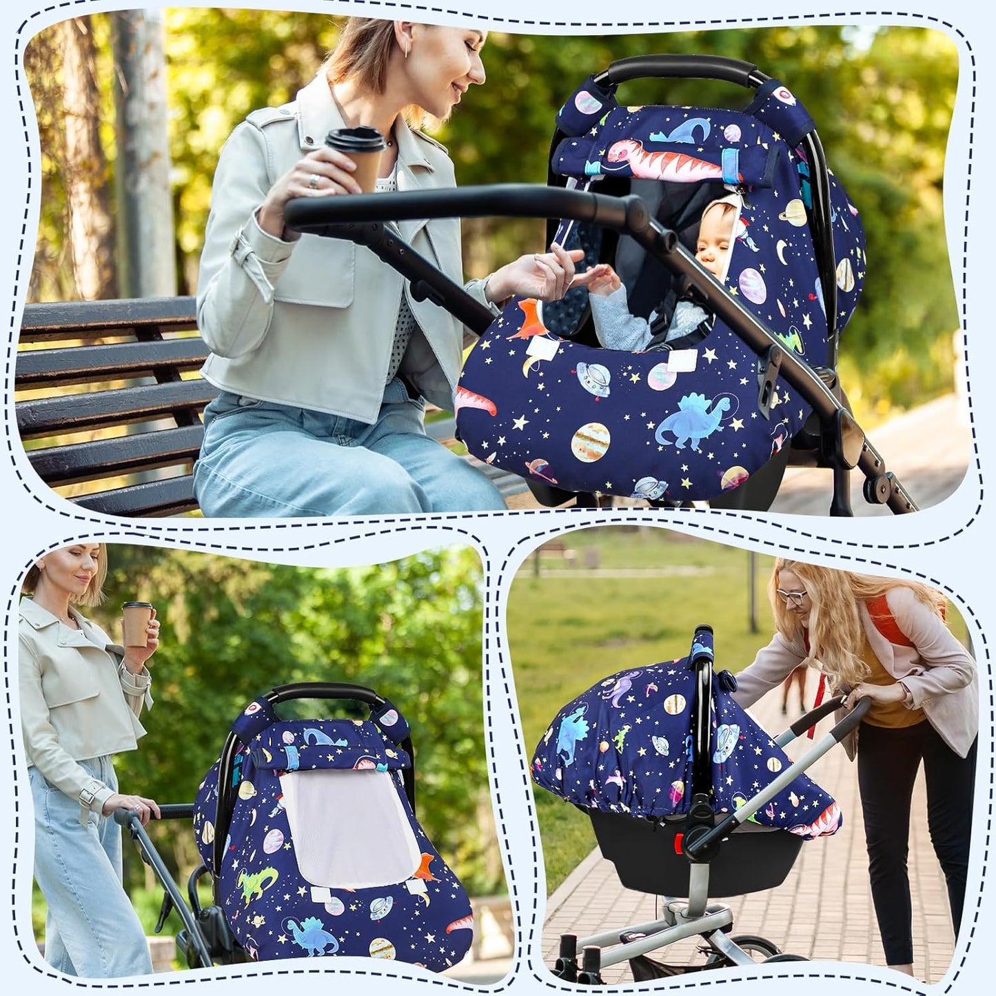 Baby Car Seat Cover Winter, Windproof Blue Carseat Covers for Newborn with 2 Layers Window, Dinosaurs Infant Car Seat Canopy for Boys with Minky Dot Backing, Keeps Babies Warm and Cozy