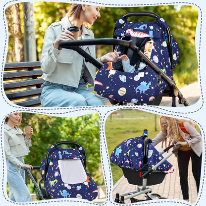 Baby Car Seat Cover Winter, Windproof Blue Carseat Covers for Newborn with 2 Layers Window, Dinosaurs Infant Car Seat Canopy for Boys with Minky Dot Backing, Keeps Babies Warm and Cozy