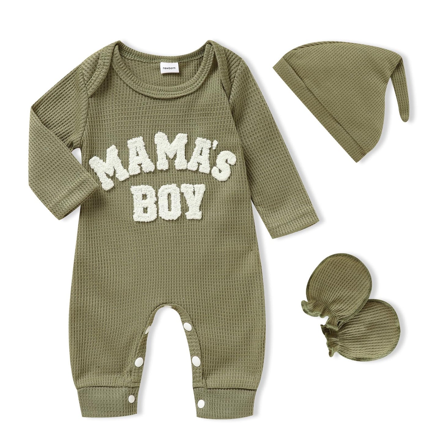 GRNSHTS Newborn Baby Boy Romper Coming Home Outfits Letter Print Bodysuit Jumpsuit+Hat+Gloves 3PCS Clothes Set