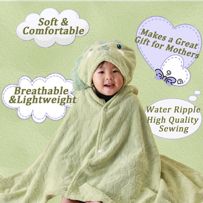 Unisex Toddler Bath Towel with Hood, 27.5"X55", Green, Anime Dinosaur Pattern, Coral Fleece, Machine Wash, 1 Count
