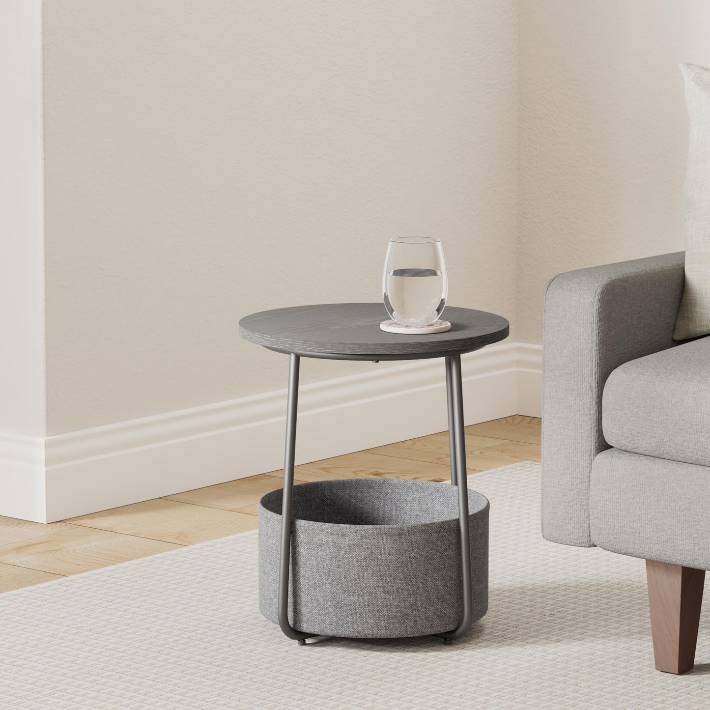VASAGLE End Table, Small Bedside Table with Fabric Basket, Modern Nightstand, Round Side Table, for Living Room, Bedroom, Matte White and Camel Brown ULET223W10