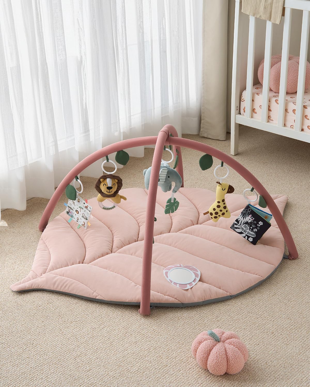 Blissful Diary Baby Play Gym & Activity Mat, Oversize Leaf Shaped Baby Play Mat w 6 Detachable Toys, Tummy Time Mat Promote Motor Skills & Sensory Development Mat, Newborn Infant Baby Essentials Gift