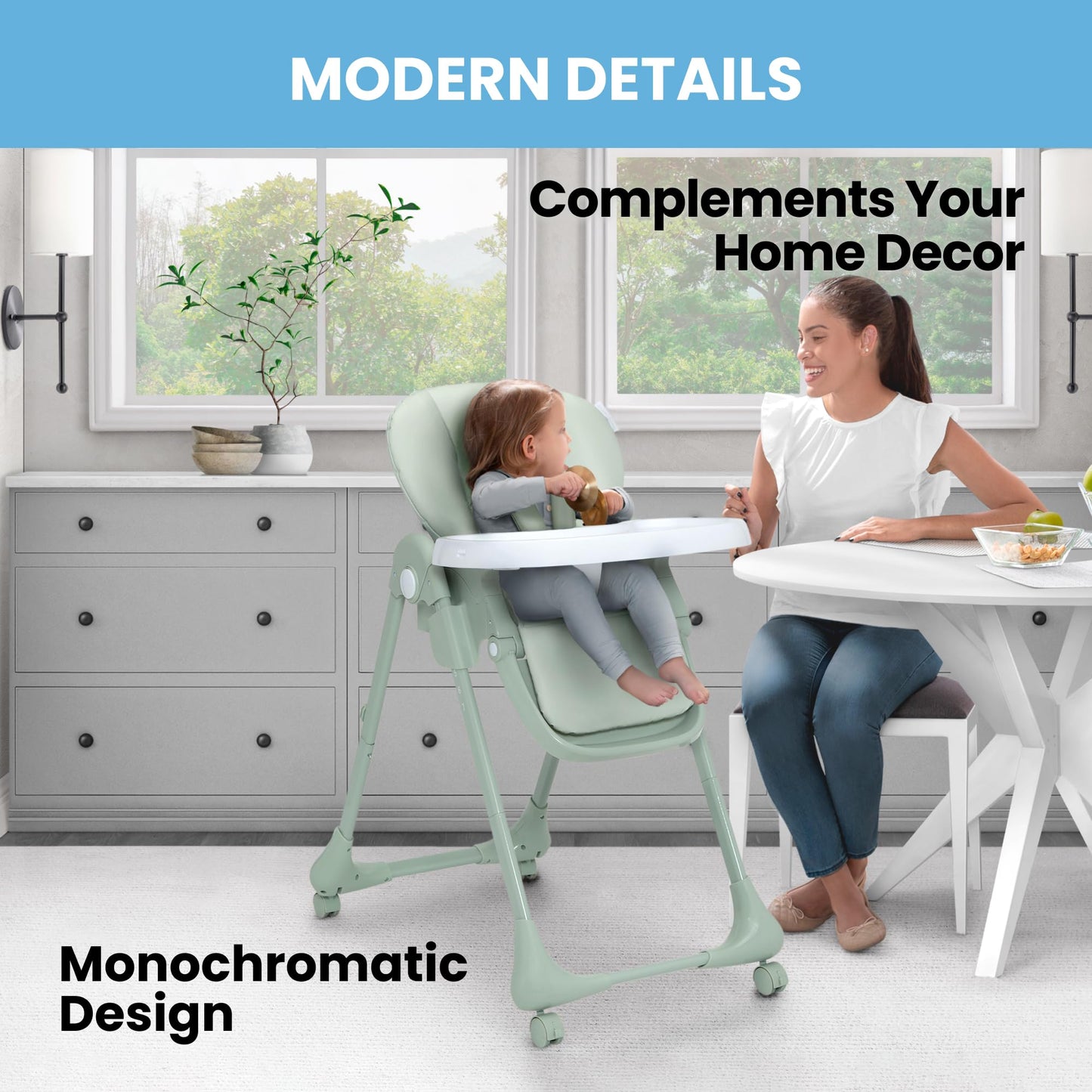 Delta Children Little Folks 2-in-1 SlimFold High Chair for Babies and Toddlers, Sage Green