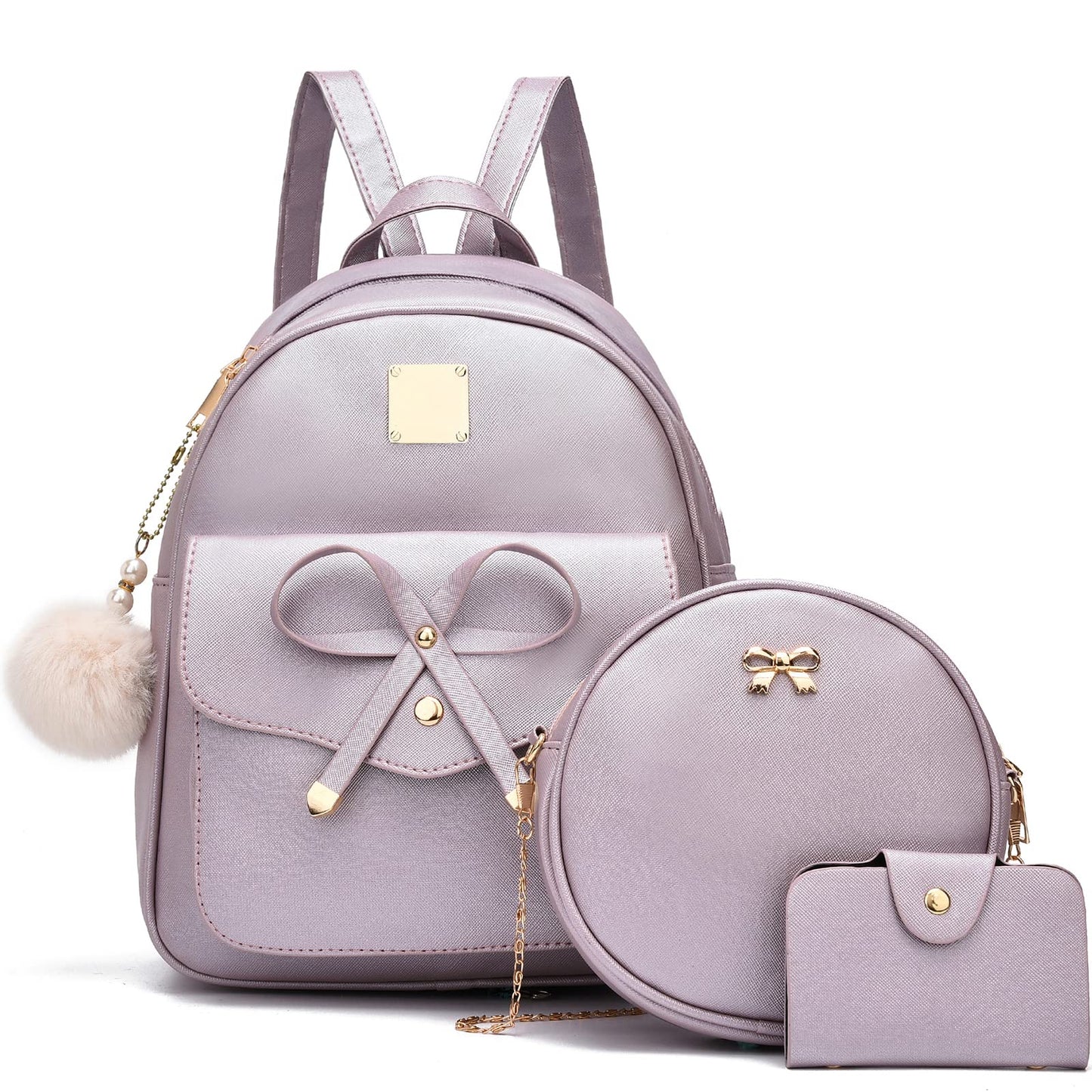 I IHAYNER Girls Bowknot 3-Pieces Fahsion Leather Backpack Backpack Purse for Women Rucksack for Ladies Shoulder Bag