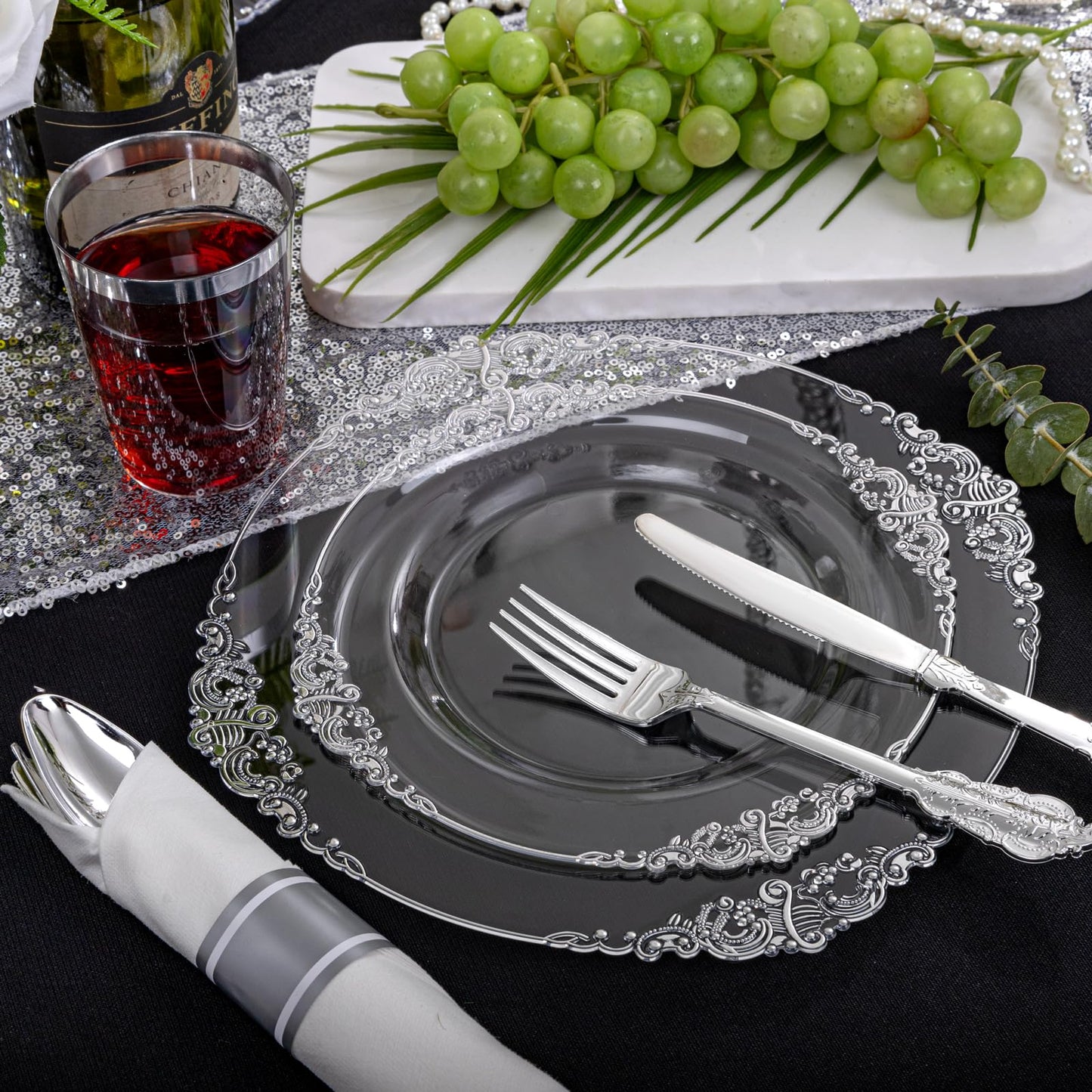 Morejoy 175PCS Rose Gold & Silver Plastic Dinnerware Set: 25 Plates, 25 Forks, 25 Knives, 25 Spoons, 25 Cups, 25 Napkins - Perfect for Wedding & Party