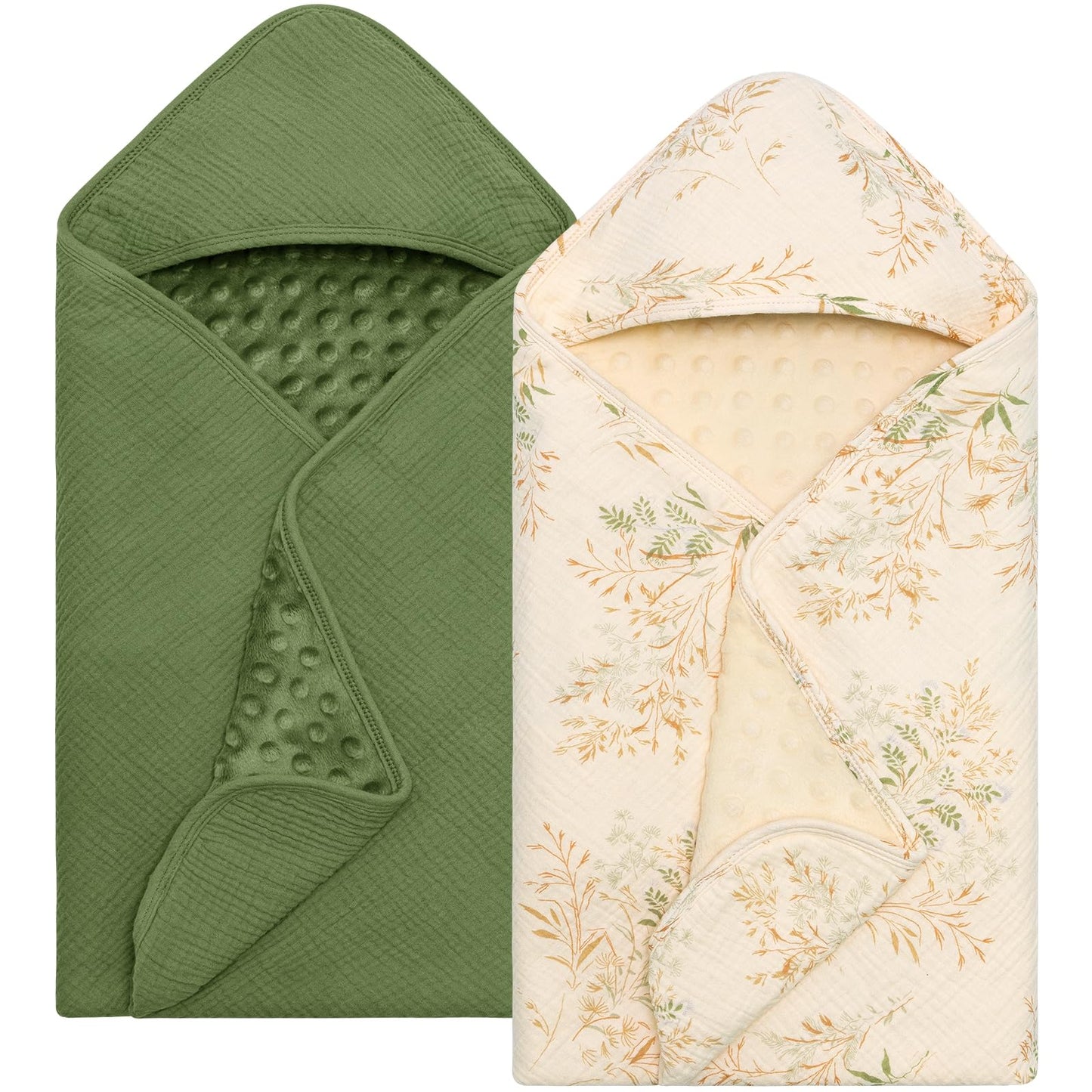 Baby Bath Towels for Newborn 100% Muslin Cotton and Minky Dot Fabric Neutral Hooded Baby Towels Set 2 Pack for Boys Girls Ultra Soft and Absorbent 30 x 30 Inch Green & Plant