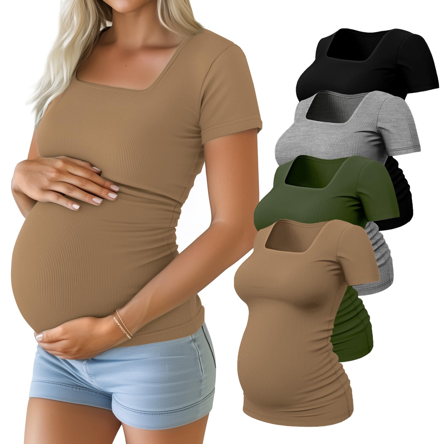 Huukeay 4 Pack Women's Maternity Shirts Cotton Ribbed Short Sleeve Square Neck Pregnancy Tops Side Ruched Summer Tee