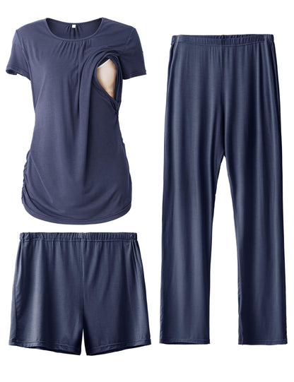 SUNNYBUY Womens Maternity Nursing Pajamas Set, Short Sleeve Breastfeeding Shirts，Pregnancy Shorts & Pants 3 Piece Nursing PJS