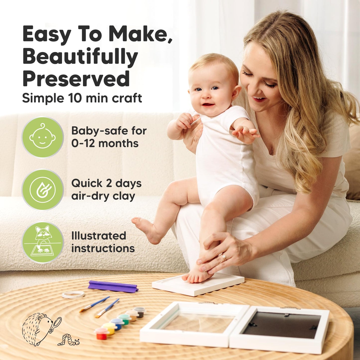 Baby Hand and Footprint Kit, Quick Dry Clay - Newborn Keepsake Feet and Handprint Kit, Nursery Picture Frame, Personalized New Mom Gifts for Baby Showers & Registry, First Mother's Day (Alpine White)