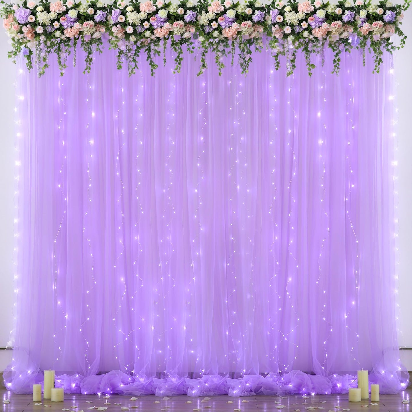White Tulle Backdrop Curtain with Lights String for Parites 10×8ft Sheer Backdrop Curtains White Curtain Backdrop for Wedding Baby Shower Birthday Party Photo Shoot Decorations(2 Panels 10ft×8ft)