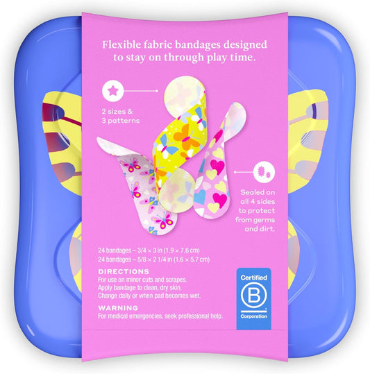 Welly Bandages | Adhesive Flexible Fabric Bravery Badges | Assorted Shapes for Minor Cuts, Scrapes, and Wounds | Colorful and Fun First Aid Tin | Butterfly Patterns - 48 Count