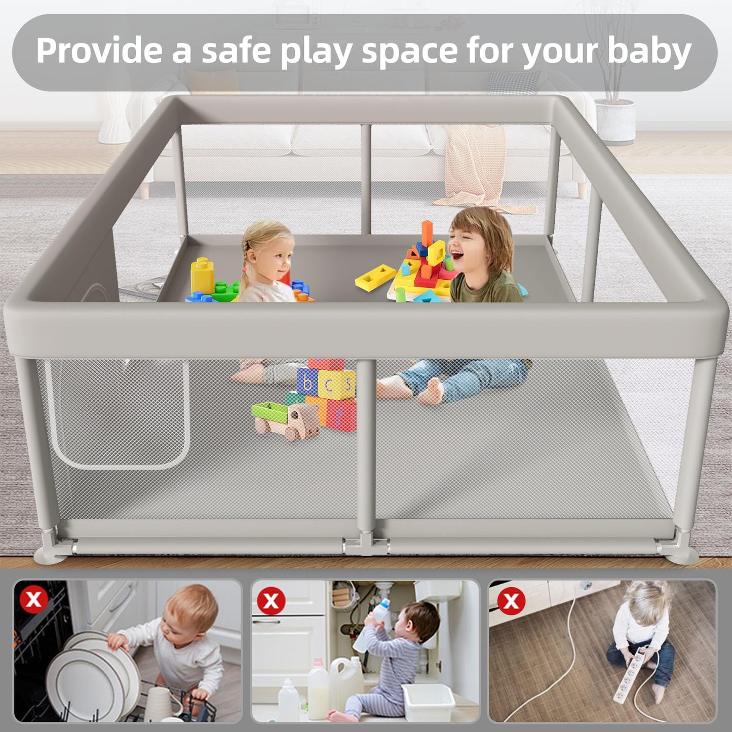 Baby Playpen 50x50 Inch, Play Pens for Babies and Toddlers Baby Fence Baby Play Yards for Indoor & Outdoor with Breathable Mesh Anti-Fall Playpen