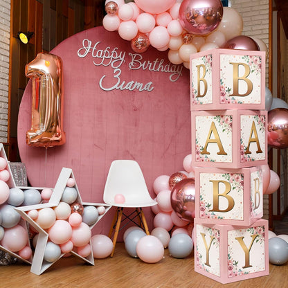 Sabary Baby Boxes with Letters Rustic Floral Pink Baby Shower Backdrop Blocks Box Birthday Party Gender Reveal Photo Props for Girl Boy Shower Decorations(Sweet Baby)