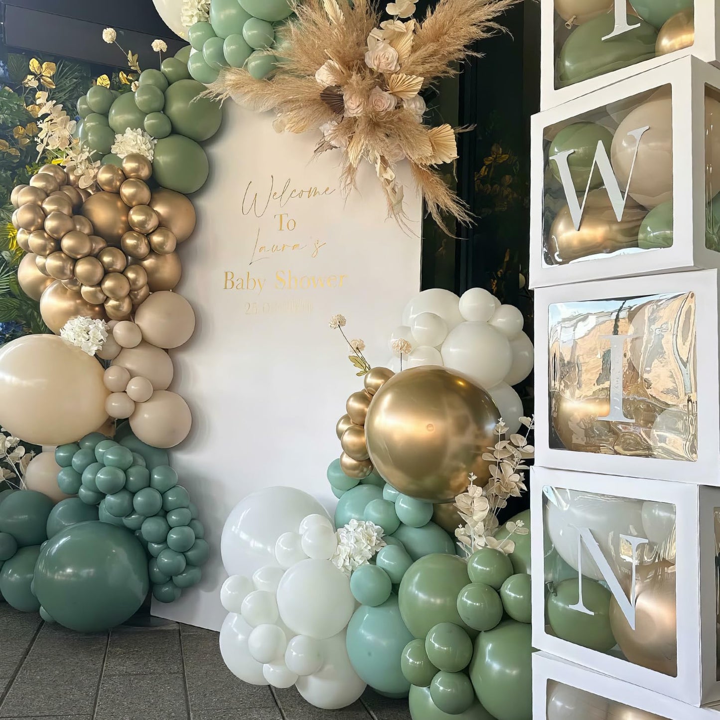 Dusty Blue Sage Green Balloon Arch Kit Slate Fog Blue Pastel Green White Sand Beige Gold Balloons Garland for Jungle Safari Birthday Baby Shower Wedding Party Decorations
