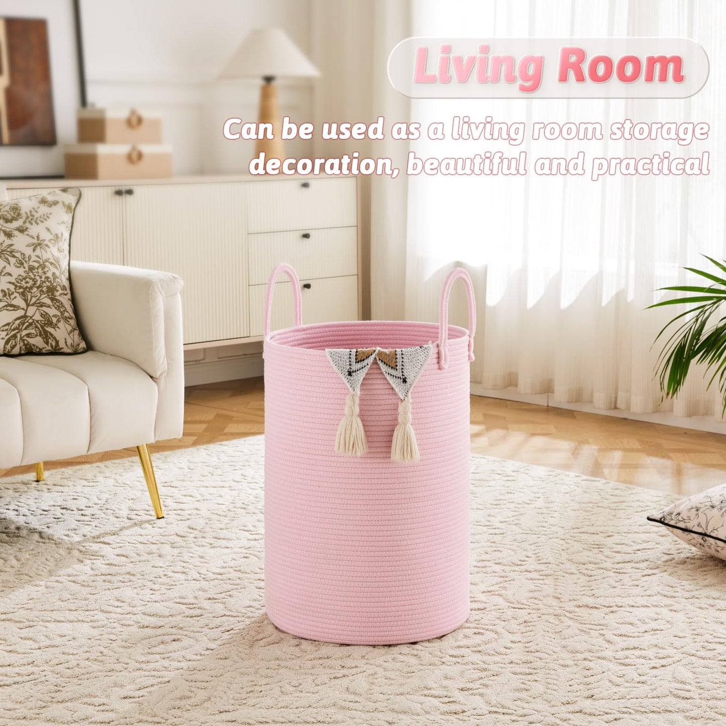 Laundry Basket,Woven Cotton Rope Laundry Hamper,60L for Decor Storage of Dirty Clothes,Toys and Blankets in Bathroom,Baby Room and Living Room