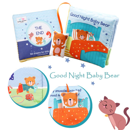 bebe mondo Teddy Bear Soft Baby Book Activity Quiet Cloth Books Developmental Toys Interactive Baby Books for Babies Toddlers Infants, Easter Gifts for Boys Girls,Washable Mirror Toy, Goodnight W Box