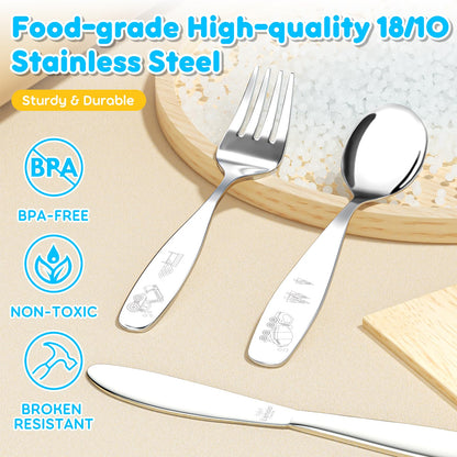 Lehoo Castle Kids Silverware Stainless Steel 6 Piece - Toddler Spoons and Forks Knife Set, Metal Kids Cutlery Set, Toddler Utensils Self Feeding (Dinosaur World)