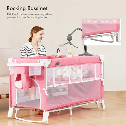 ANGELBLISS 5 in 1 Baby Bassinet, Bedside Crib & Playpen, Pack and Play Bassinet with Diaper Changer and Removable Rocker, Easy Folding Portable Crib with Mobile, Sheet & Mattress (Grey)