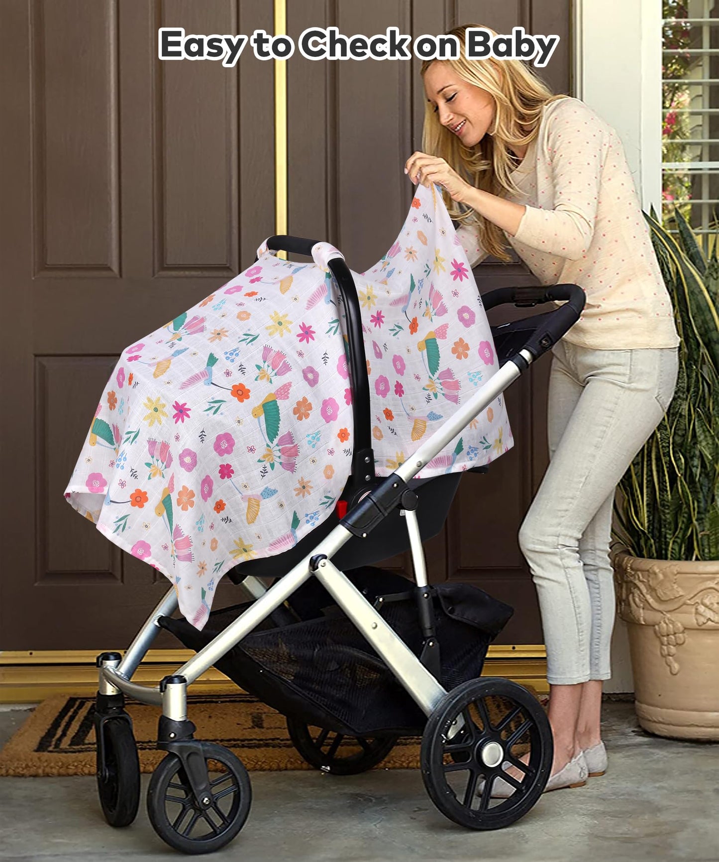 Rquite Car Seat Cover, Muslin Cotton Infant Car Seat Canopy, Breathable Baby Carrier Cover, Summer Stroller Sun Shade, Flower