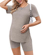 Ekouaer Maternity Sets 2 Piece Outfits Ribbed Knit Short Sleeve Shirts and Biker Shorts Pregnancy Loungewear Mama Clothes