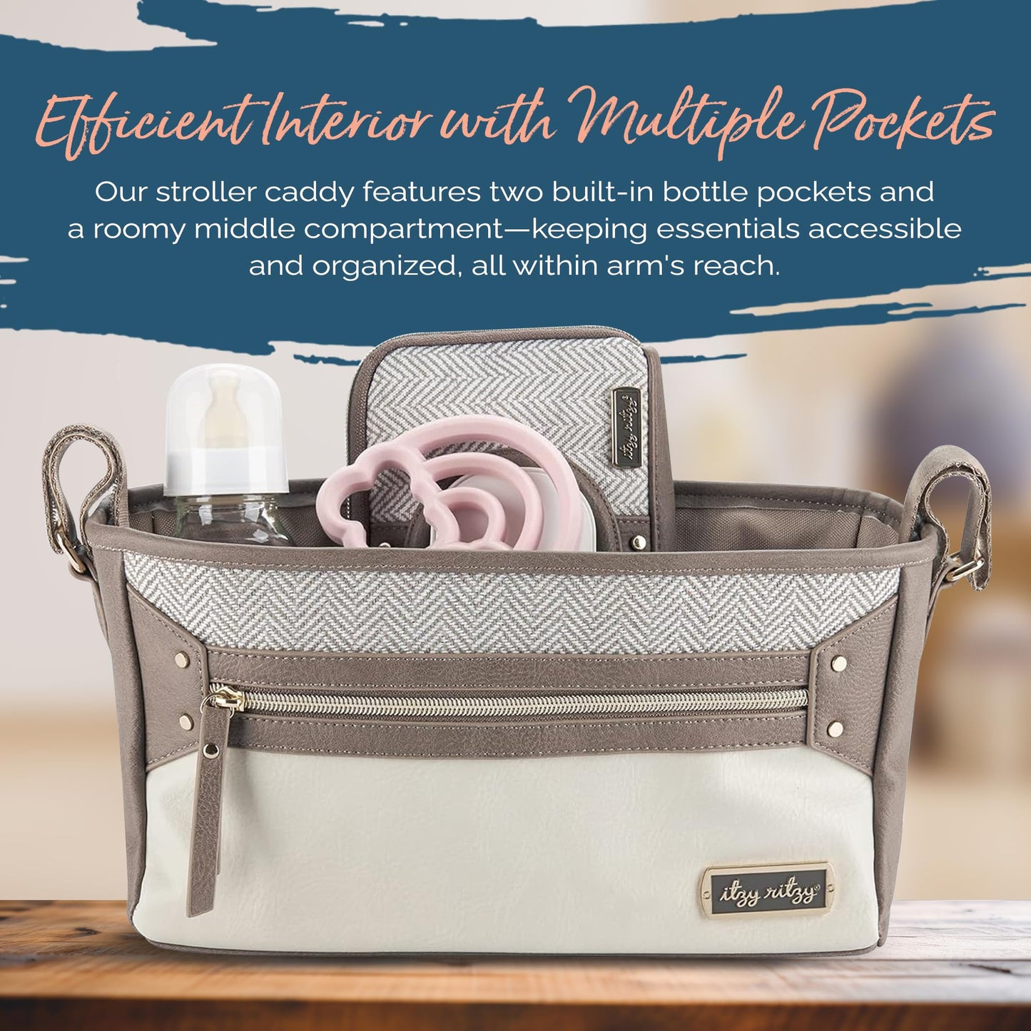 Itzy Ritzy Adjustable Stroller Caddy and Organizer Bag Featuring Front Zippered Pocket, 2 Built-in Interior Pockets & Adjustable Straps to Fit Nearly Any Stroller (Chai)
