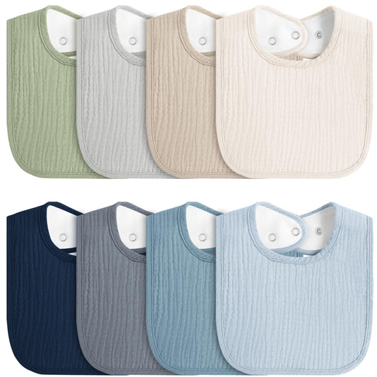 8-Pack Baby Muslin Bibs, Soft Cotton Drool Bibs for Boys Girls, Adjustable and Absorbent Newborn Bib Set for Feeding and Drooling