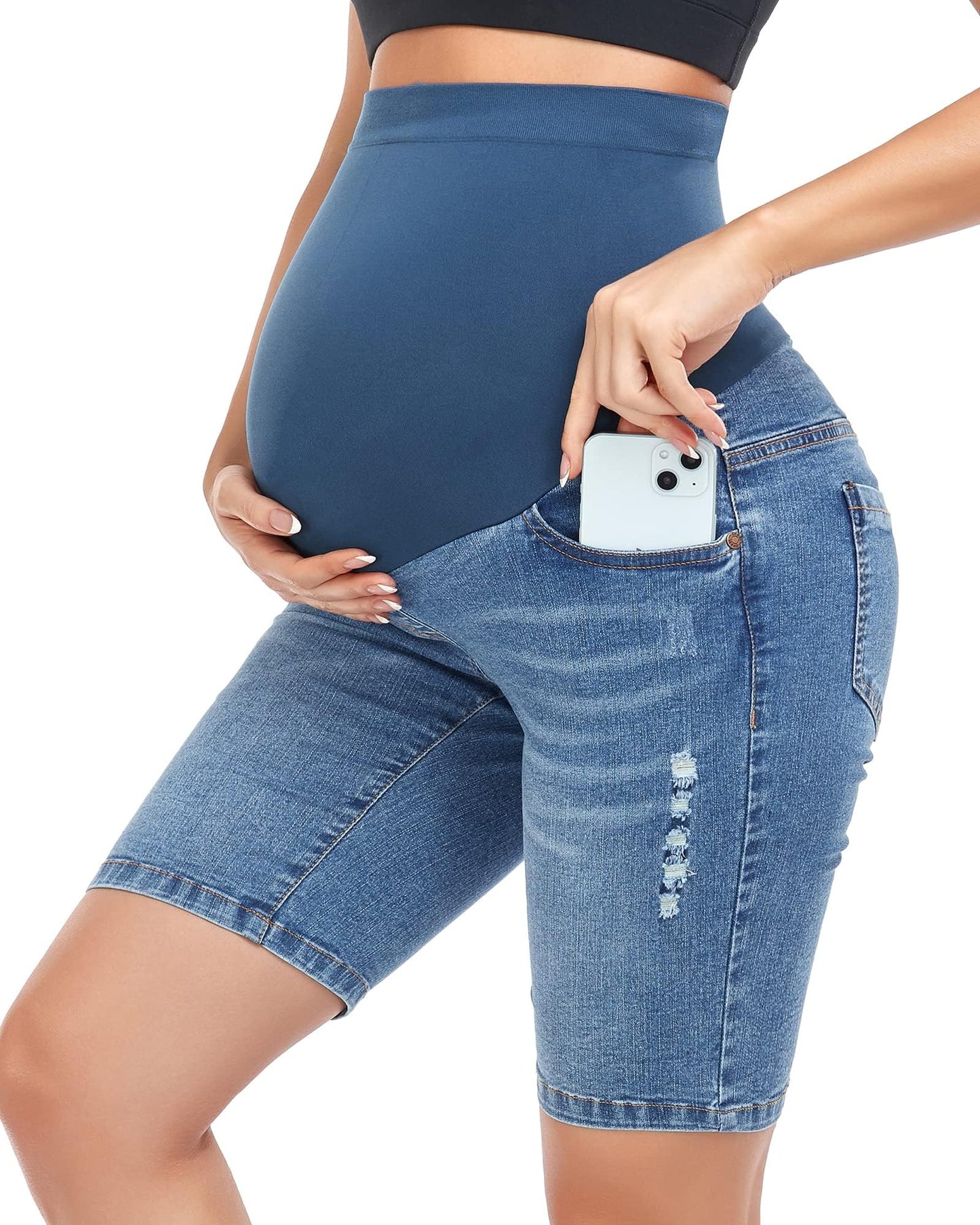 HOFISH Women's Maternity Jeans Shorts Over The Belly Stretchy Comfy Denim Shorts Pants Casual Workout Pregnancy Shorts