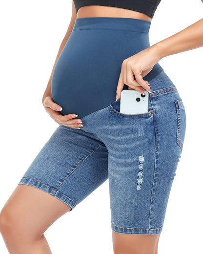 HOFISH Women's Maternity Jeans Shorts Over The Belly Stretchy Comfy Denim Shorts Pants Casual Workout Pregnancy Shorts