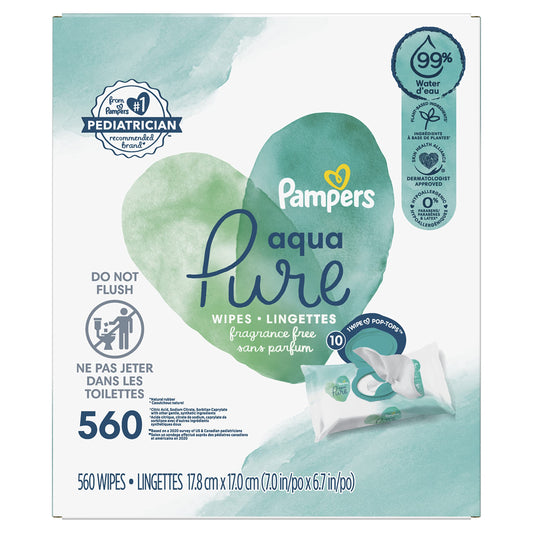 Pampers Baby Wipes Aqua Pure, 99% water-based wipes, Hypoallergenic and Unscented Infant Wipe, 896 Total (16 Flip-Top Packs)