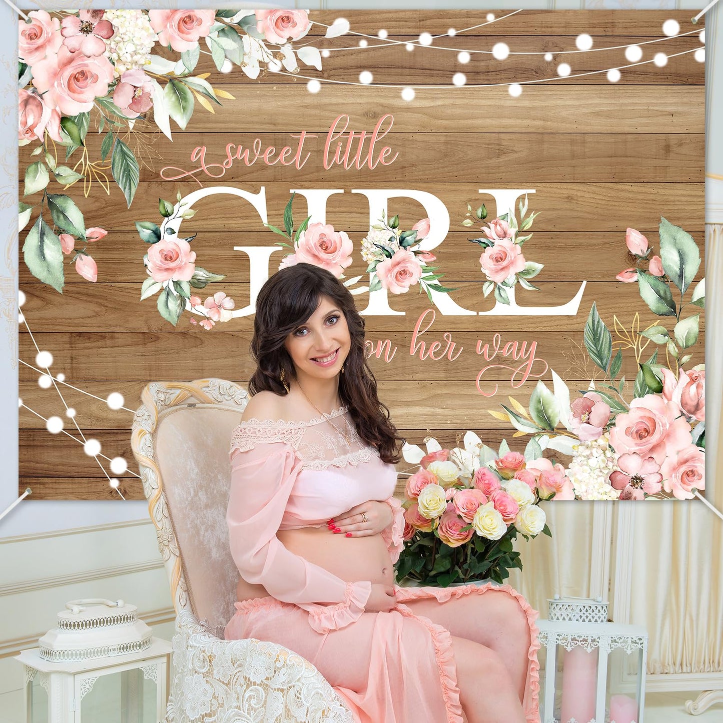 Avezano Rustic Girl Baby Shower Banner A Sweet Little Girl is on Her Way Baby Shower Party Decorations Pink Floral Girl Banner Photo Booth Studio Props 70.8 x 43.3 inch