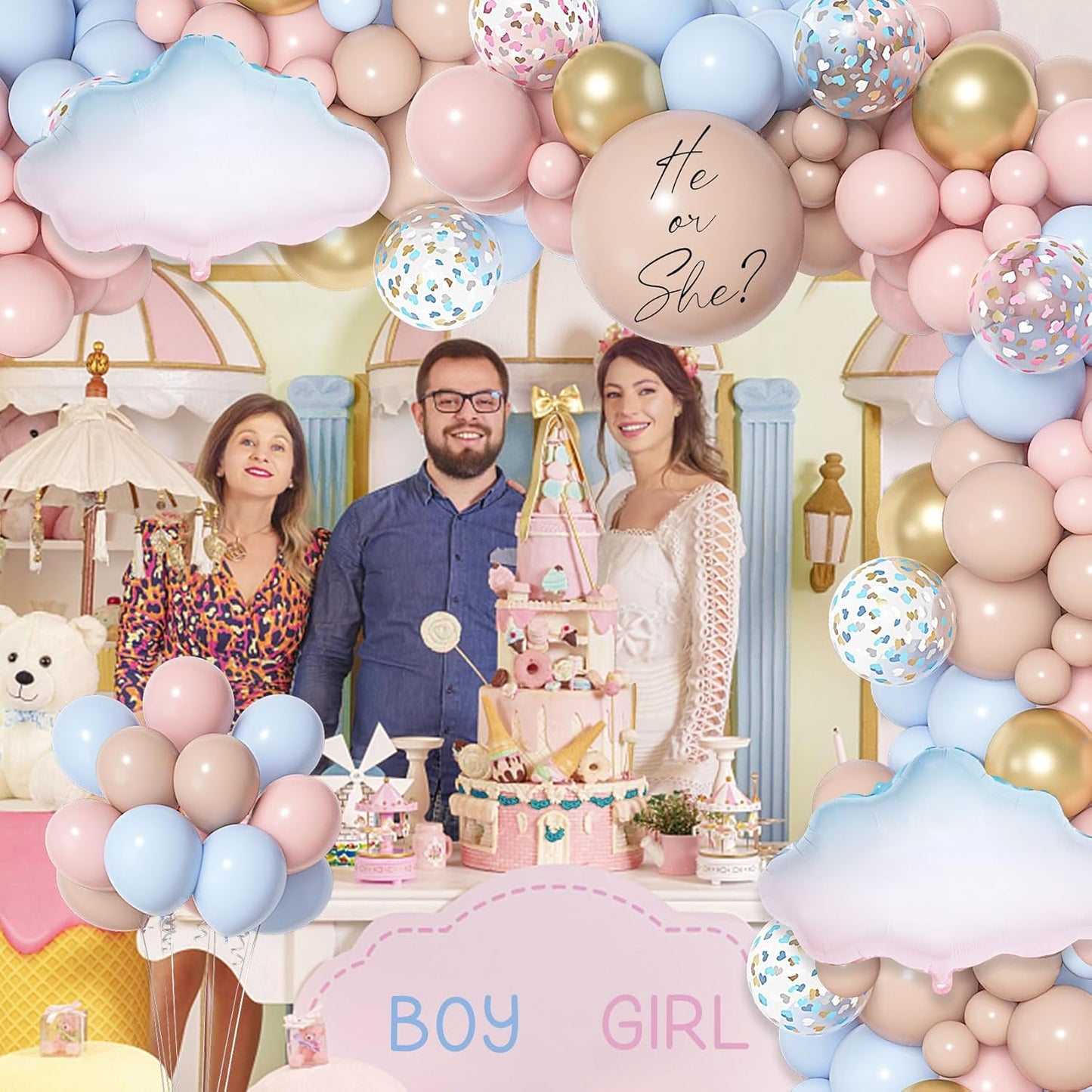 Amandir 185Pcs Gender Reveal Decorations, Double-Stuffed Pastel Pink and Blue Brown Nude Balloon Arch Kit White Cloud Hanging Moon Star Garland Boho Neutral Boy or Girl Bear Baby Shower Party Supplies