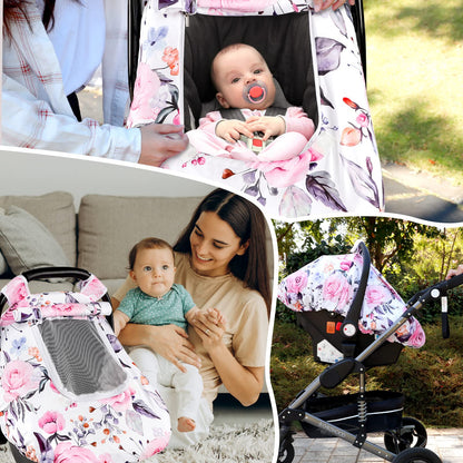 Pea Pod Car Seat Cover Baby, Infant Car Seat Canopy Covers for Newborn with 2 Layers Windows of Breathable Mesh Fabric, Lightweight Polyester/Soft Minky Dot Backing (Floral & Rainbow)