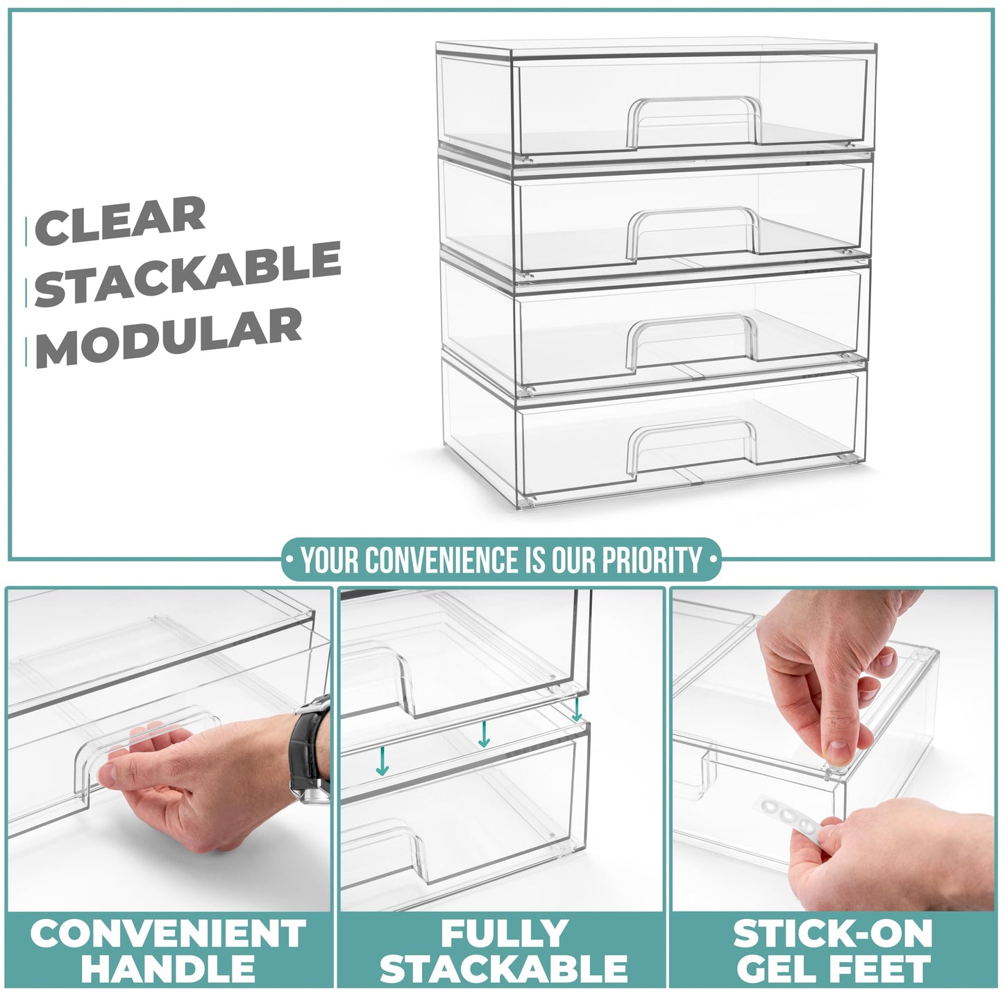 Sorbus Acrylic Storage Containers - 2 Pack, Stackable Storage Bins Set for Bathroom Organization - Clear Acrylic Drawer Organizers - Makeup Case Pull-Out Drawers (7.6’’ and 4.4’’ Tall)