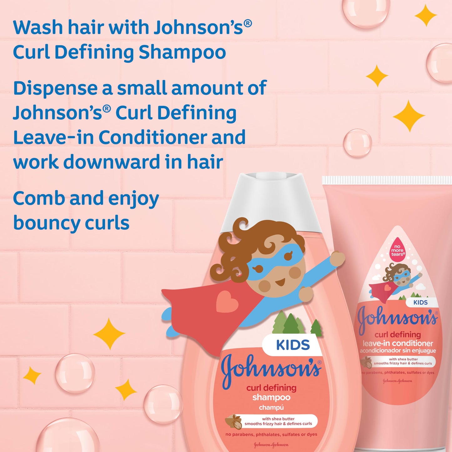 Johnson's Kids Curl Defining Leave-In Conditioner + Shea Butter, Tear-Free, Paraben-, Sulfate- & Dye-Free, Hypoallergenic & Gentle for Toddlers' Haircare, Bath Essentials, 6.8 fl. oz