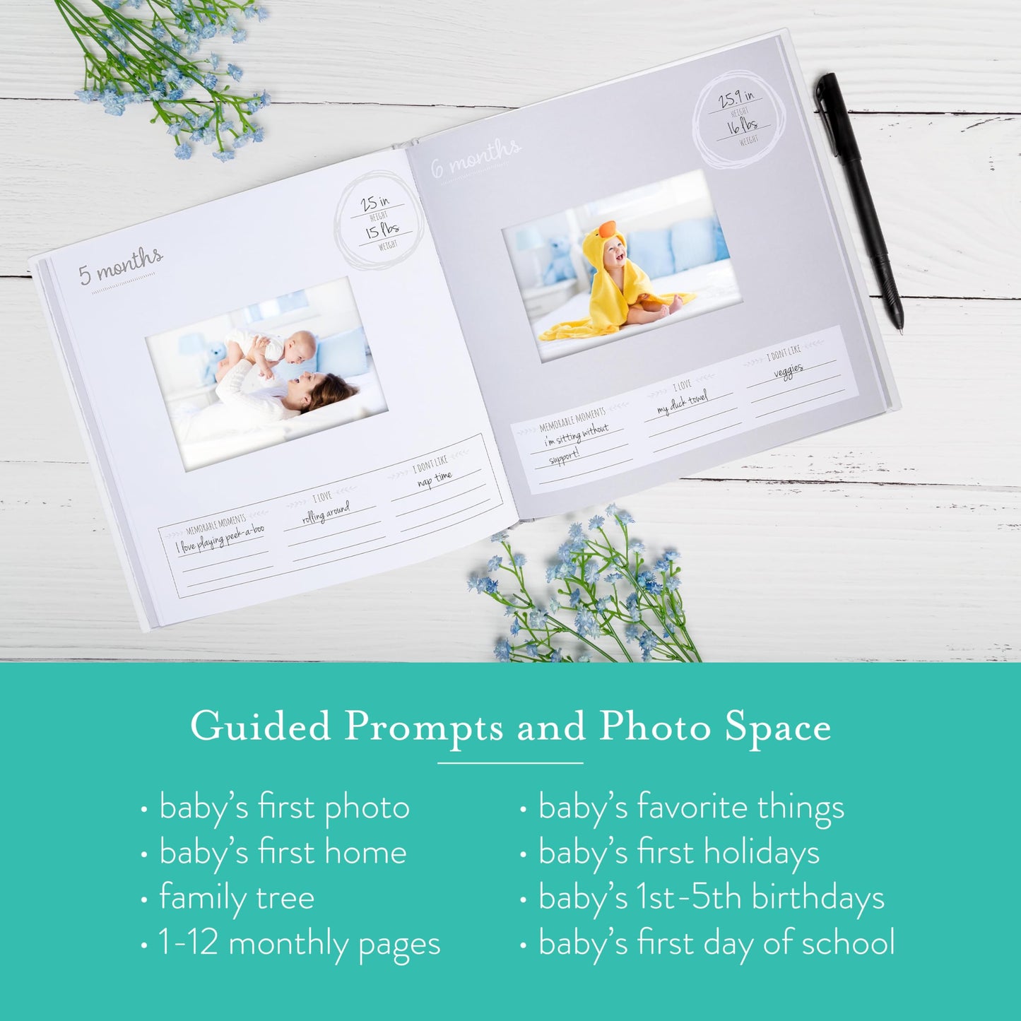 Kate & Milo Baby’s First Year Baby Memory Journal, Gender-Neutral Keepsake, Baby Milestone Memory Book and Photo Album, Perfect for Baby Showers, For New and Expecting Parents, Sky and Elephant