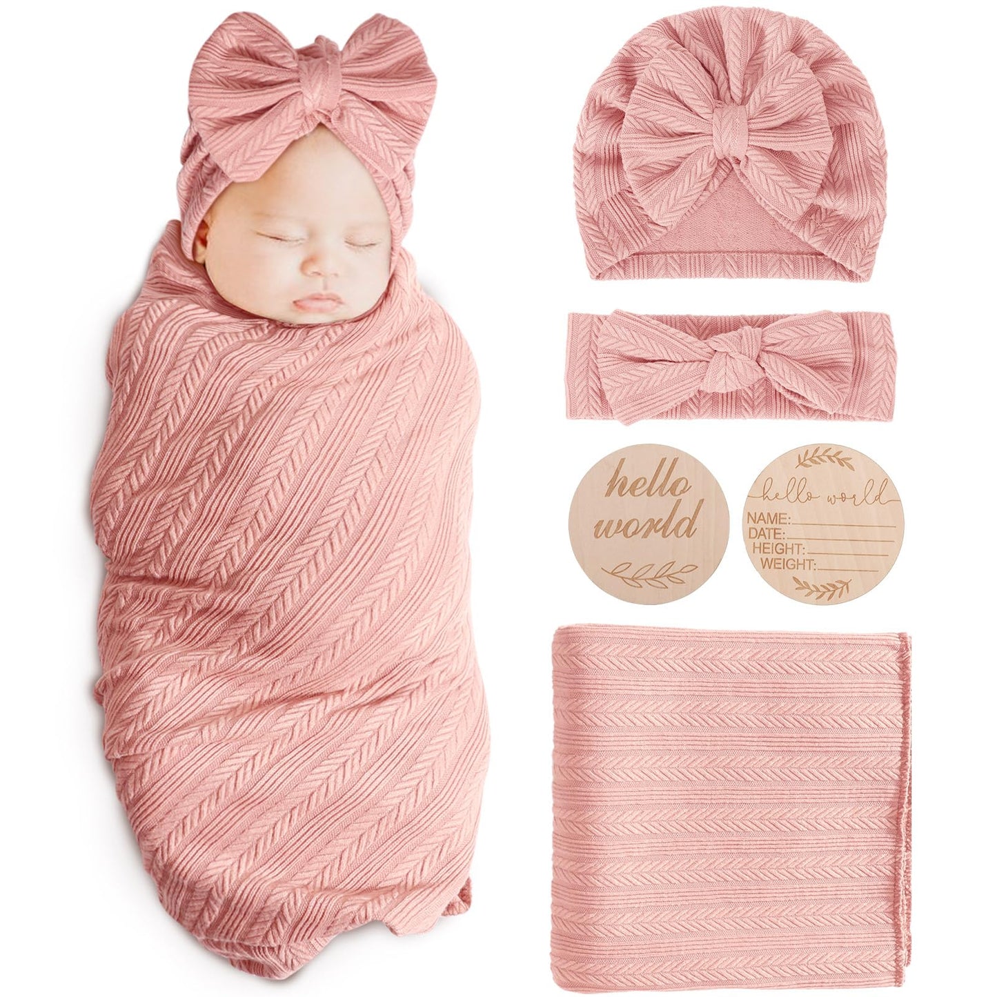 Newborn Receiving Blanket with Bow Hat Mittens Wooden Card Set Wheat-Pattern Newborns Toddler Baby Boy Girl Nursery Swaddle Wrap