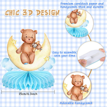 Tarklanda 9 Pcs Bear Baby Shower Honeycomb Centerpieces for Boys Party Decorate,Little Bear Balloons Cutouts Table Topper Honeycomb 3D Table Decoration for Kids Baby Shower Birthday Party Supplies