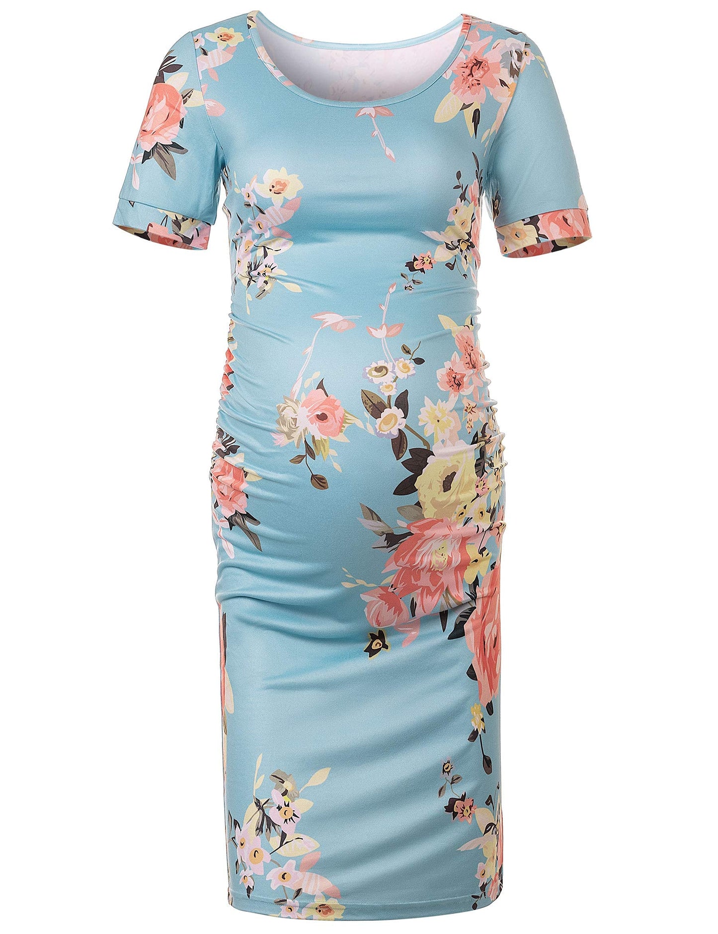 Peauty Everyday Essentials Maternity Bodycon Dress Side Ruch & Short Sleeve Dress for Baby Shower Daily (S-2XL)