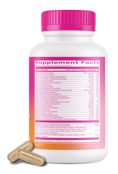 Pink Stork Premium Prenatal Vitamin for Women - Organic Whole-Food Ingredients, Multivitamin & Probiotics - Morning Sickness, Digestion, & Energy - Folate, B6, & Iron - 60 Capsules