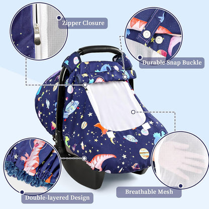 Baby Car Seat Cover Winter, Windproof Blue Carseat Covers for Newborn with 2 Layers Window, Dinosaurs Infant Car Seat Canopy for Boys with Minky Dot Backing, Keeps Babies Warm and Cozy