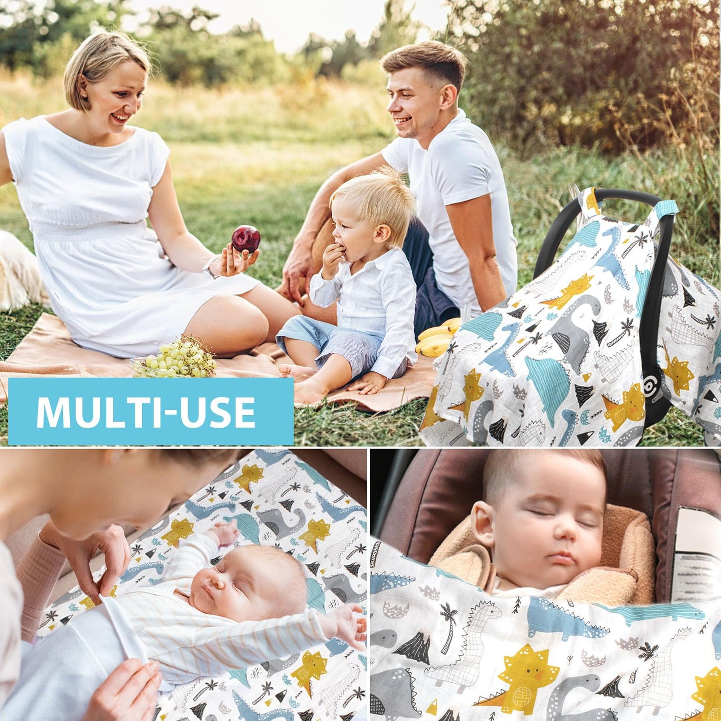 Muslin Baby Car Seat Cover, Breathable Infant Car Seat Cover Lightweight Carseat Canopy Covers for Babies, Universal Fit Stroller Cover for Summer Spring/Hot Days/Warm Weather