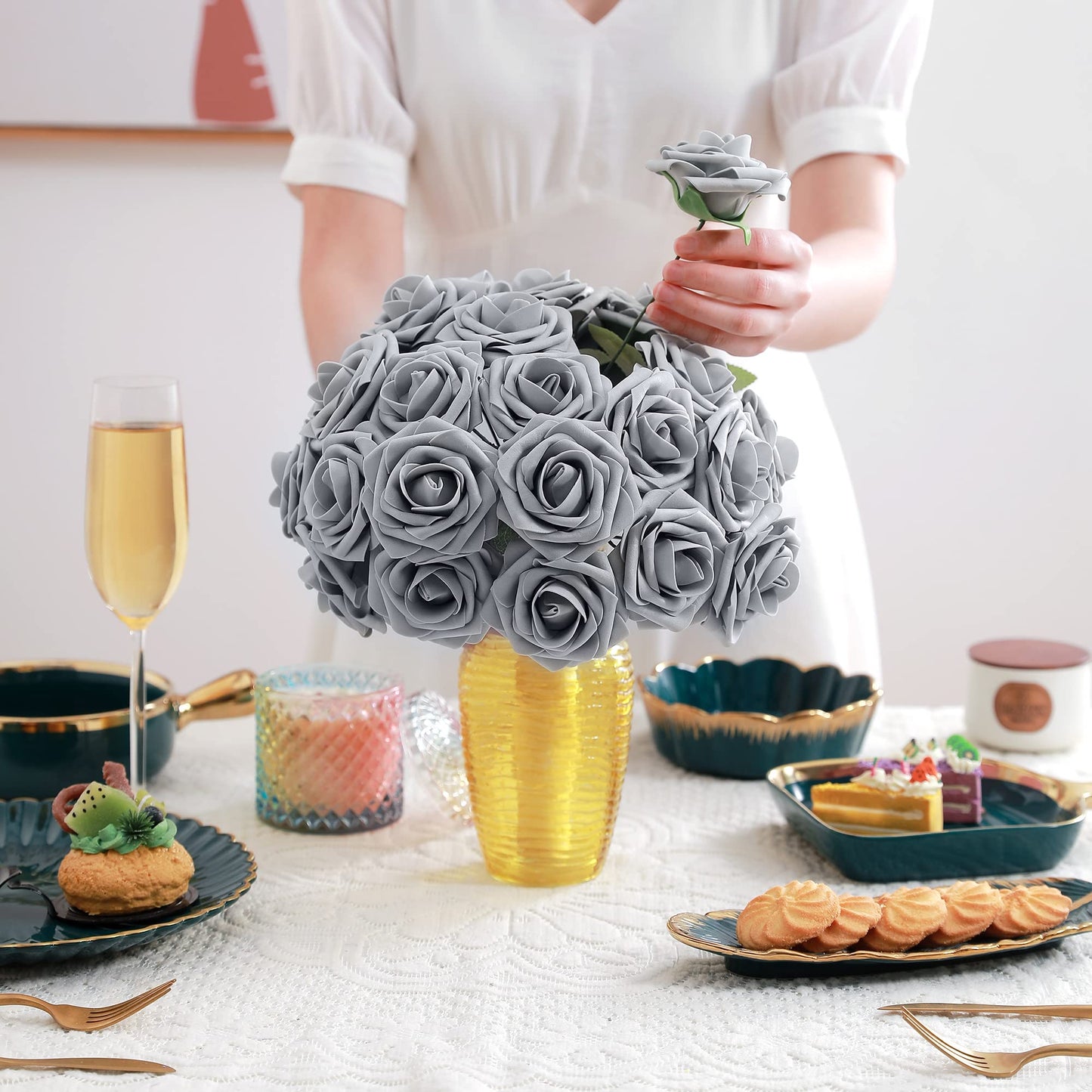 Artificial Flowers Combo, Fake Flowers for DIY Tables Centerpieces Baby Shower Bridal Shower Wedding Bouquet Arrangements Party Candle Holder Cake Decor Flower Home Decorations