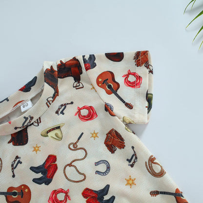 Gueuusu Country Baby Clothes Boy Girl Western Cow Print Short Sleeve Romper Bodysuit Ribbed One Piece Jumpsuit Summer Outfit