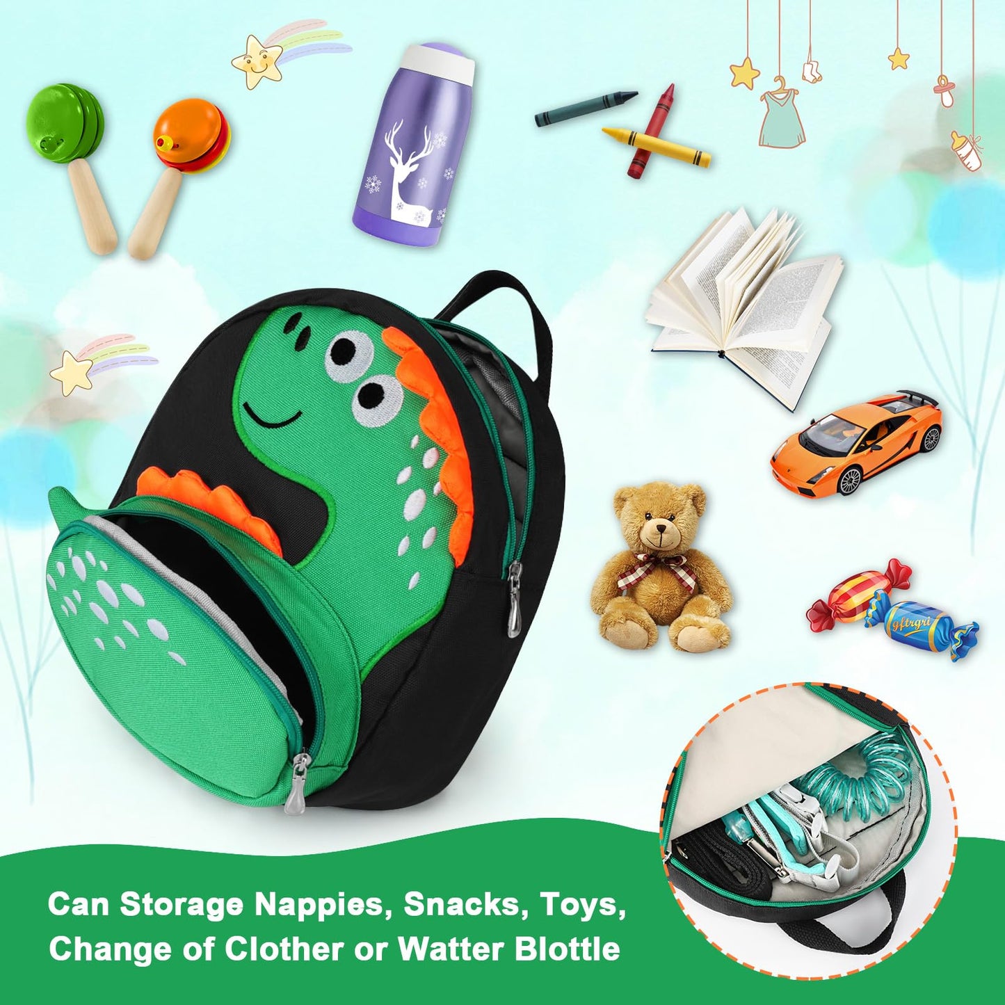 Accmor Toddler Harness Backpack Leash, Cute Dinosaur Backpacks with Anti Lost Wrist Link, Cute Mini Child Backpack Wristband Tether Strap and Protection Leashes for Boys Girls Aged 1-3 Years