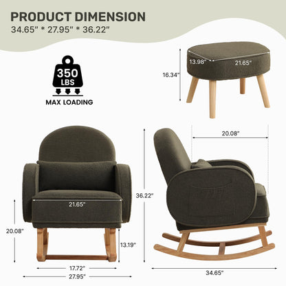 Rocking Chair with Ottoman, Upholstered Glider Rocker with High Backrest and Side Pocket, Rocking Accent Armchair with Solid Wood Legs for Nursery, Living Room, Bedroom Green