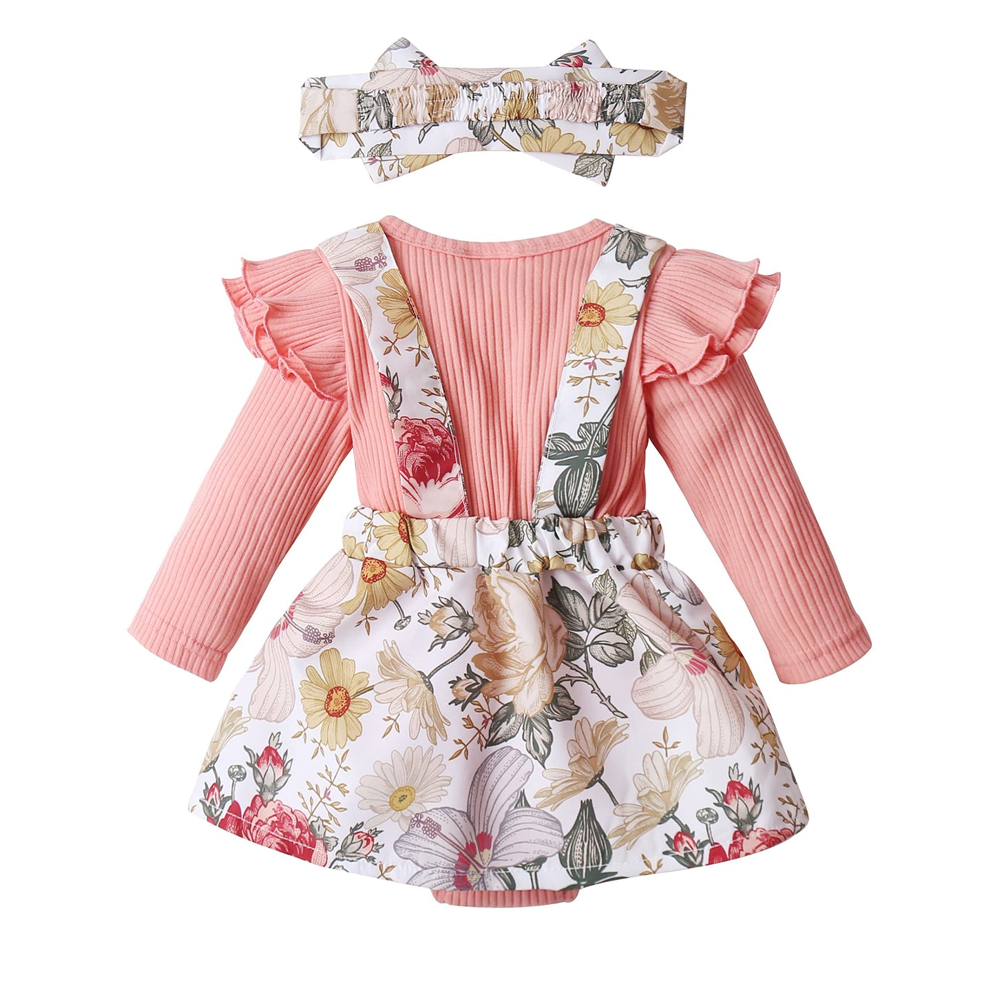 Newborn Baby Girl Clothes Infant Romper Floral Suspender Dress Ruffle Sleeve Onesie Outfit Jumpsuit Headband Spring Summer
