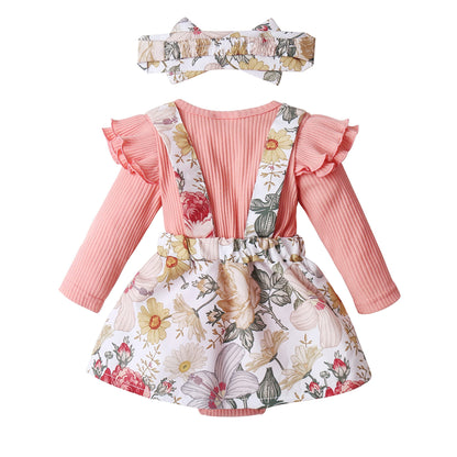 Newborn Baby Girl Clothes Infant Romper Floral Suspender Dress Ruffle Sleeve Onesie Outfit Jumpsuit Headband Spring Summer