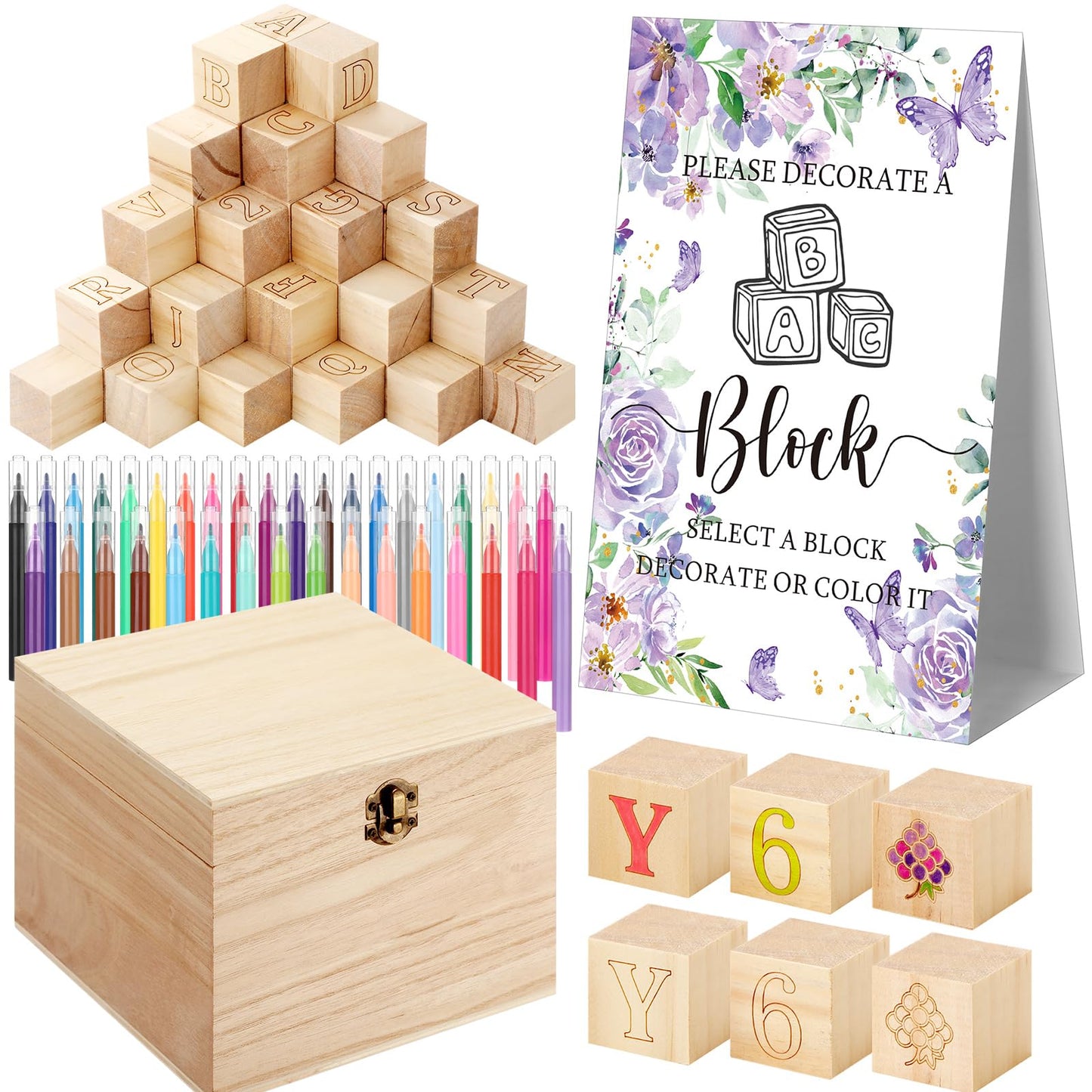 Marsui 136 Pcs Baby Shower Blocks to Decorate Game Kit Includes 98 Wooden Blocks, 36 Markers, 1 Game Sign, 1 Storage Box for Baby Shower Gender Reveal Activity Party Decorations(Pink Elephant)