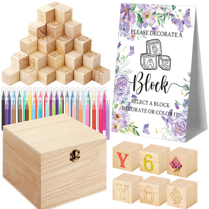 Marsui 136 Pcs Baby Shower Blocks to Decorate Game Kit Includes 98 Wooden Blocks, 36 Markers, 1 Game Sign, 1 Storage Box for Baby Shower Gender Reveal Activity Party Decorations(Pink Elephant)